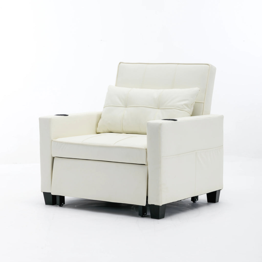 White Leather 3-In-1 Convertible Sleeper Chair Bed with USB Ports E97273