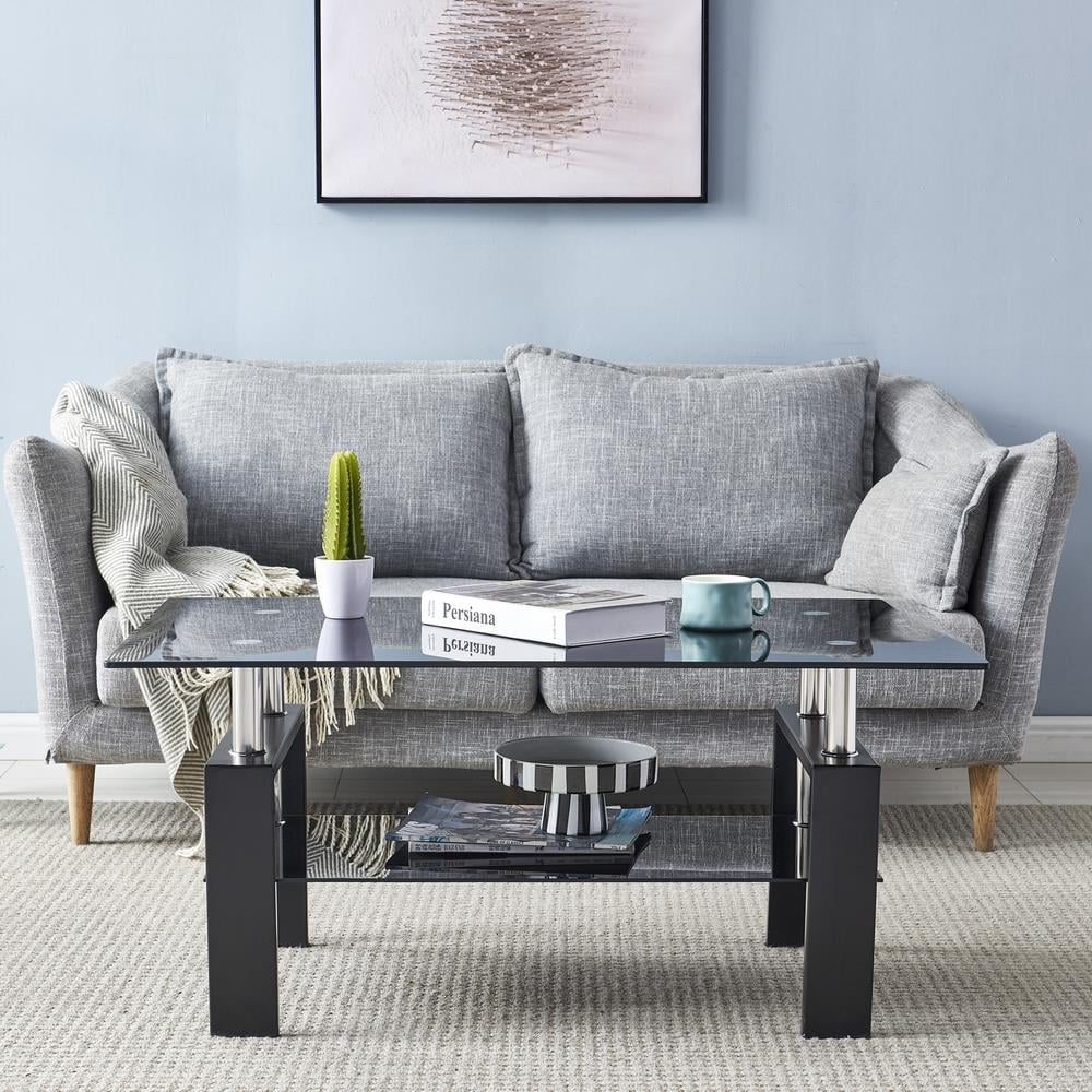 Rectangle Glass Coffee Table with Lower Shelf Metal Legs Z88644