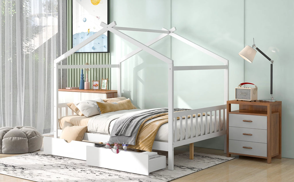 White Full Size Platform Bed with Two Drawers S230