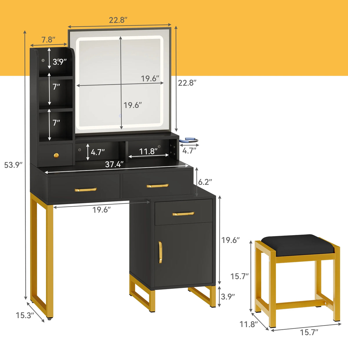 Black Makeup Vanity with Mirror, Lights and Drawers O128800