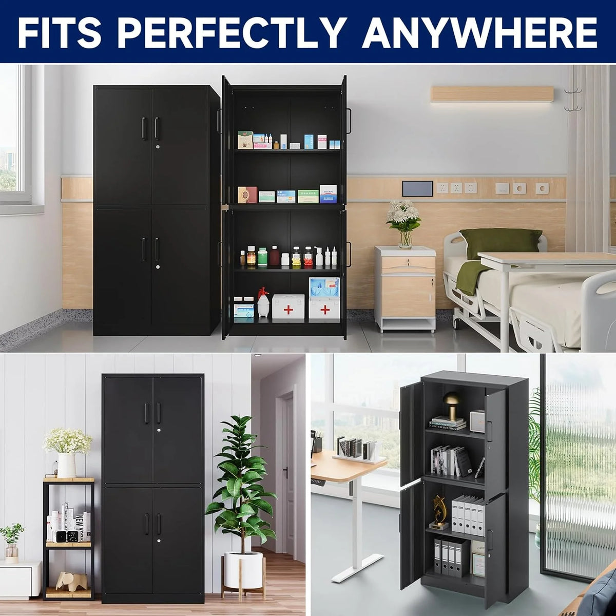 Black Metal Locking Storage Cabinet with 4 Doors and 2 Adjustable Shelves Q6804