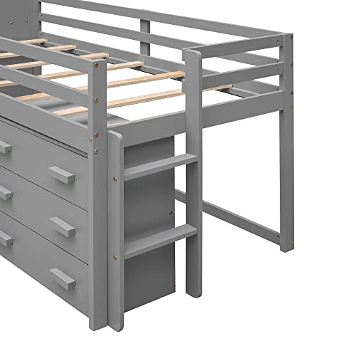 White Full Size Wood Loft Bed with Slide and Drawer Storage T708
