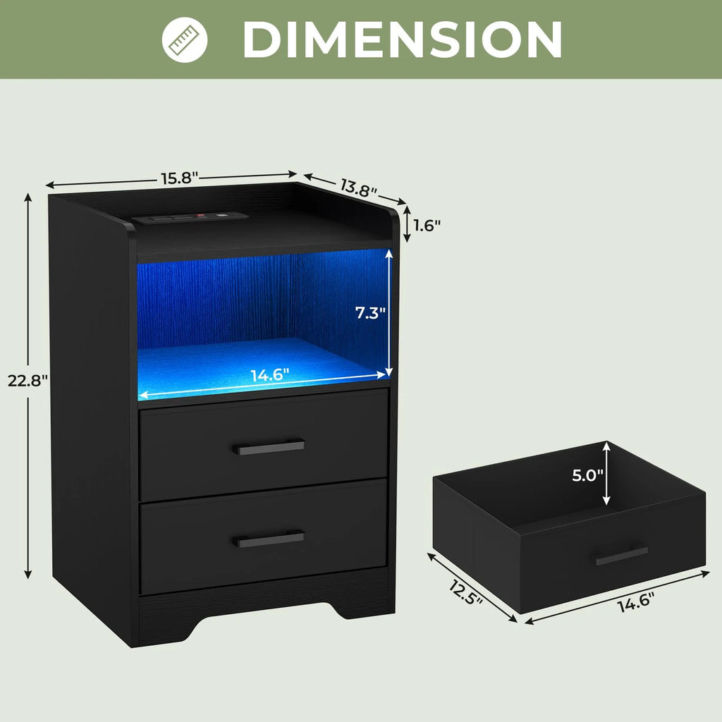 Black Set of 2 Nightstand with Outlets USB Ports LED Lights and 2 Fabric Drawers B529