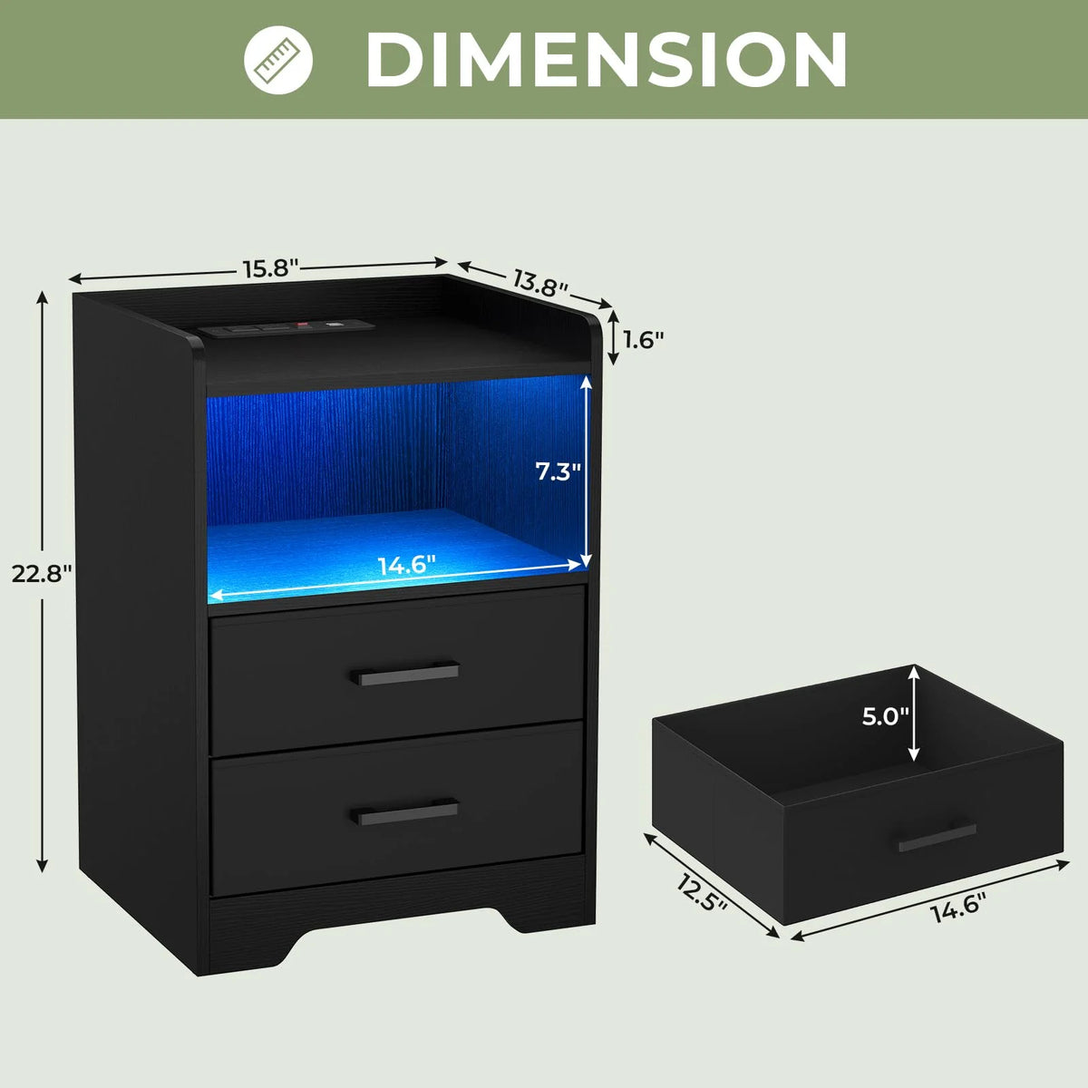Black Set of 2 Nightstand with Outlets USB Ports LED Lights and 2 Fabric Drawers B529