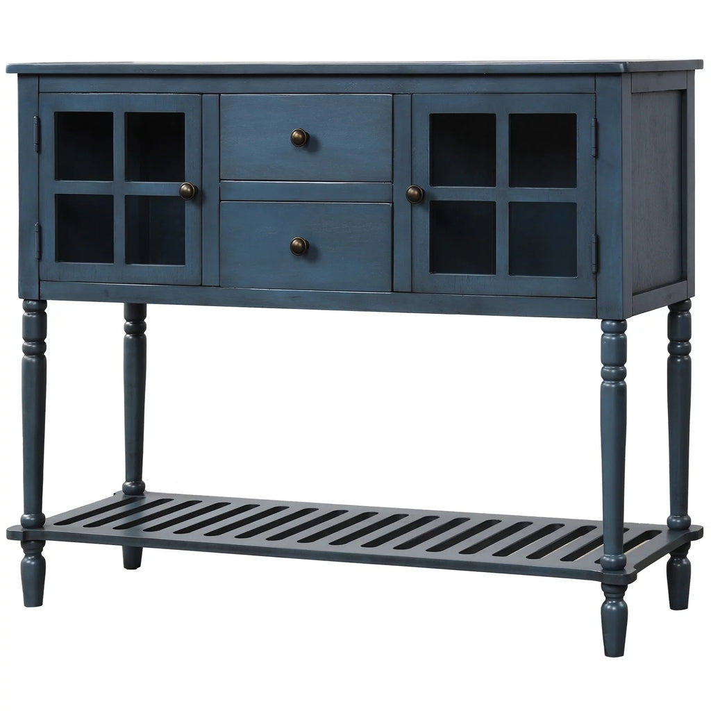 Antique Navy Console Table with Cabinet and Bottom Shelf Y625212