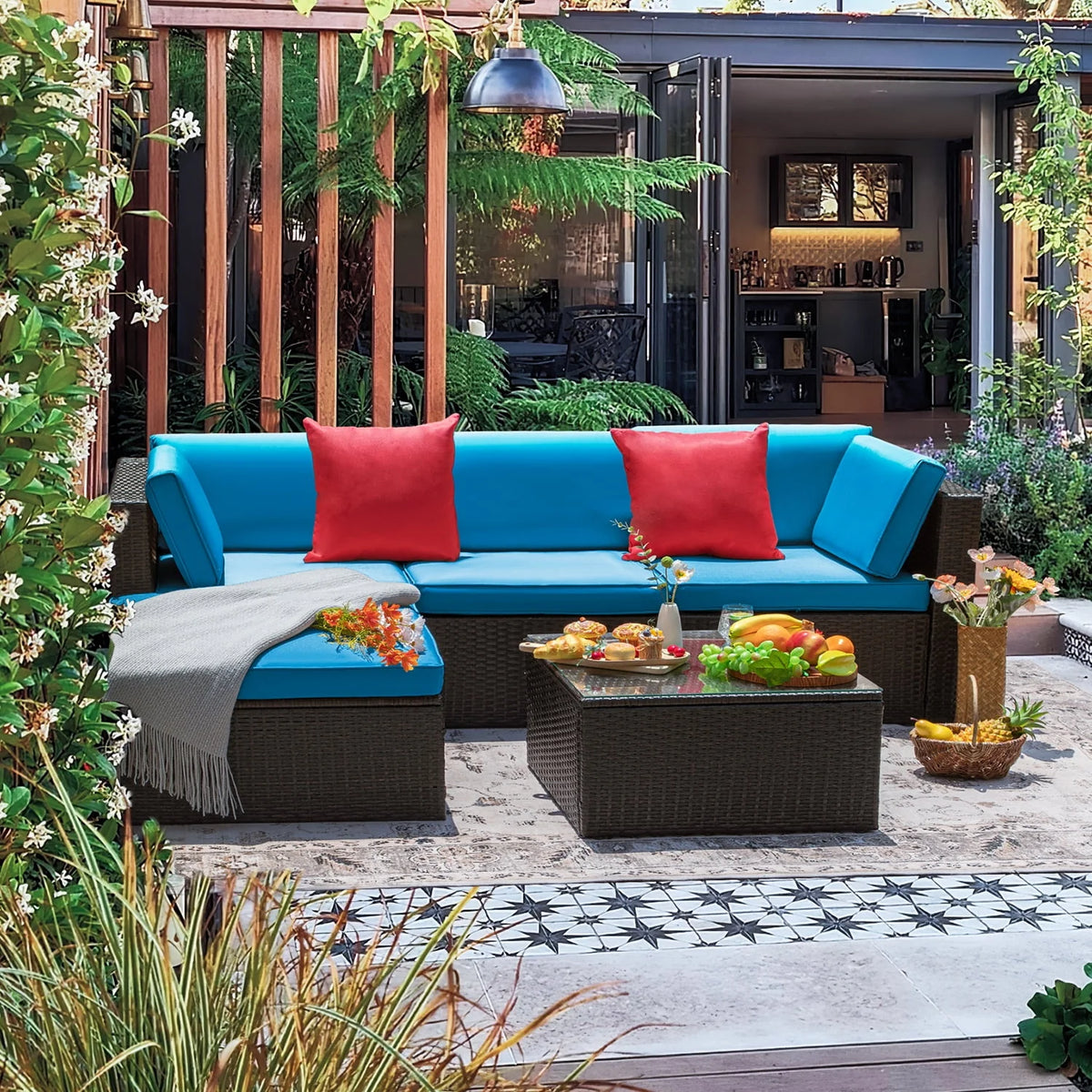 5 Pieces PE Rattan Wicker Patio Sectional Set with Table N20693