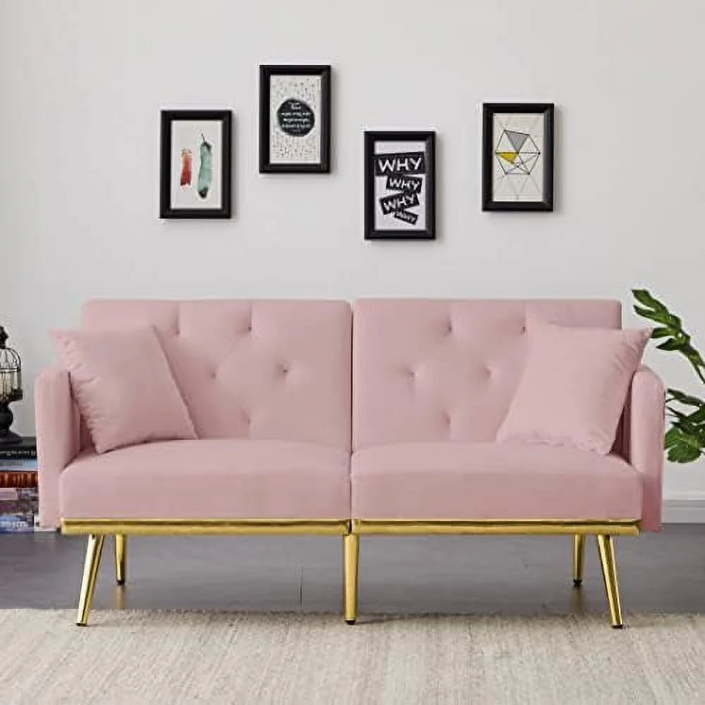 Convertible Futon Sofa Bed 59-inch Velvet Sleeper Sofa with Two Pillows P97236