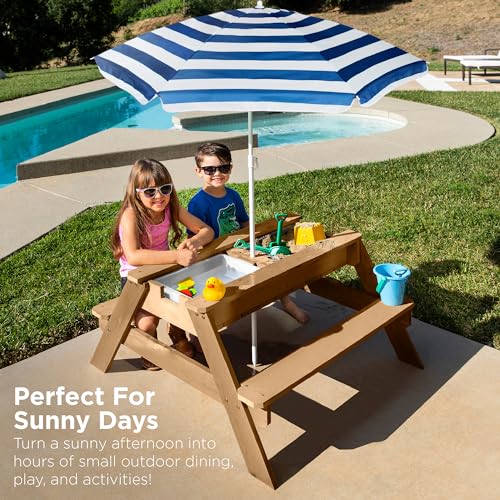 Kids 3-in-1 Sand & Water Table Wood Picnic Table with Umbrella F27085