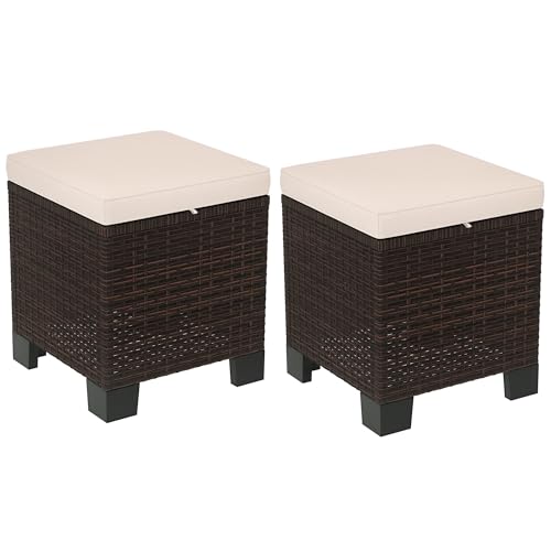 2 Pieces Cream White Wicker Outdoor Ottomans with Removable Cushions J549885