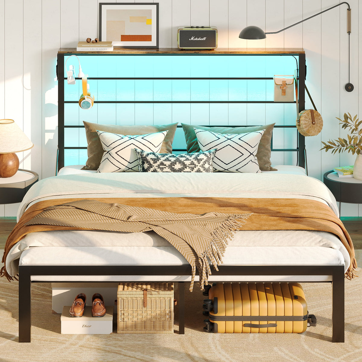 Queen Size Black Metal Platform Bed Frame with Storage Headboard R9333
