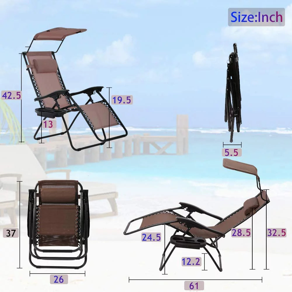 Zero Gravity Chair Set of 2 Folding Recliner with Canopy and Cup Holder Brown B788