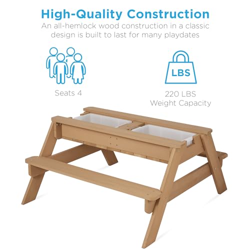 Kids 3-in-1 Sand & Water Table Wood Picnic Table with Umbrella F27085