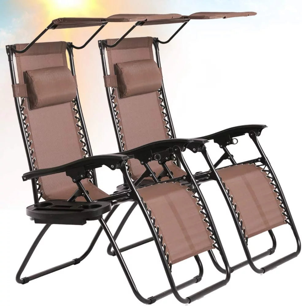 Zero Gravity Chair Set of 2 Folding Recliner with Canopy and Cup Holder Brown B788