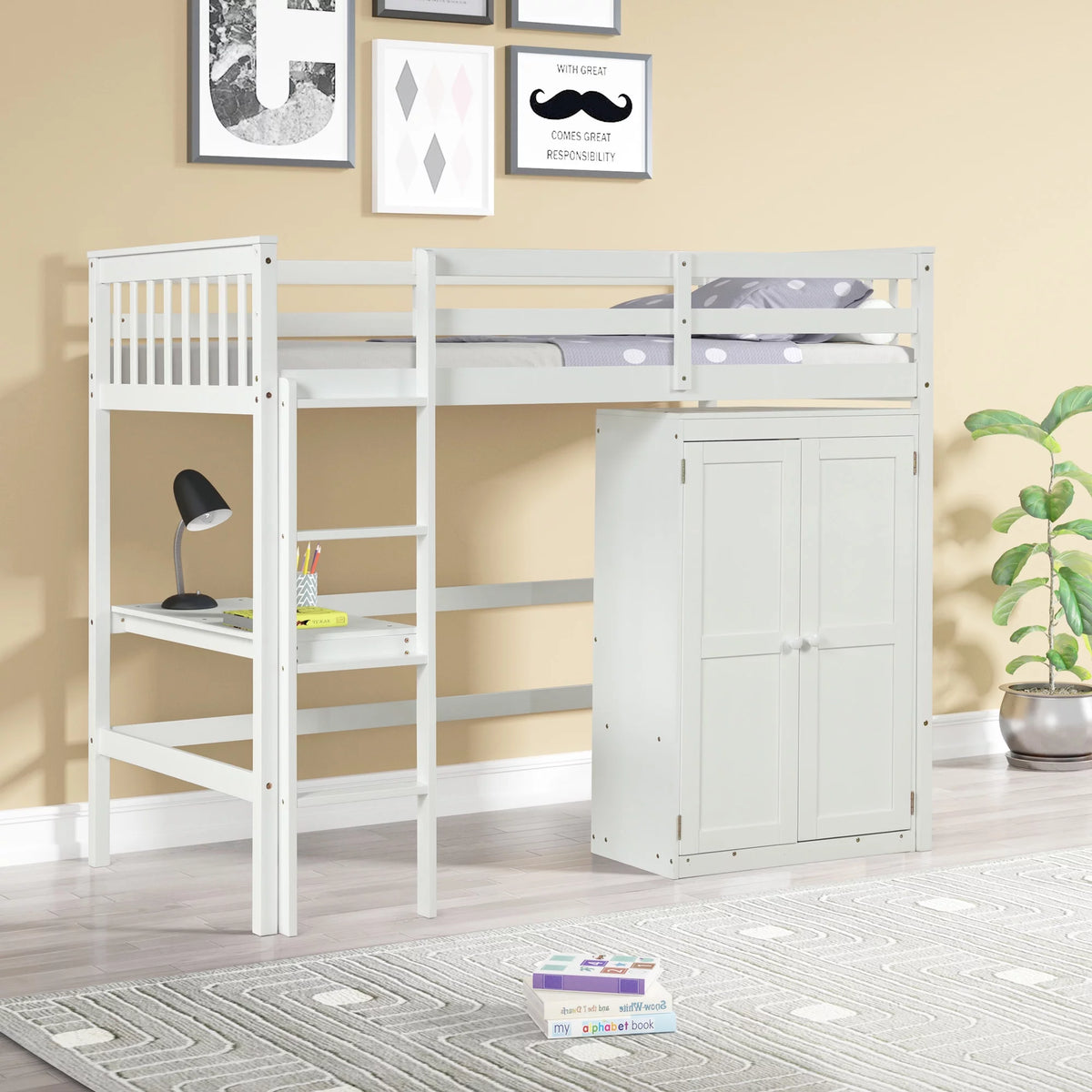 White Twin Loft Bed Frame with Desk and Wardrobe G68091