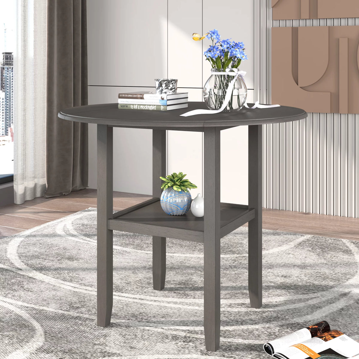 Round Drop Leaf Kitchen Dining Table with Shelf N557356