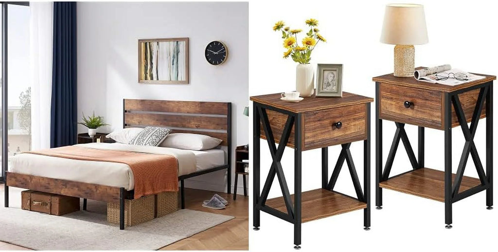 Queen Bed Frame with Wood Headboard and Footboard and Nightstand Set of 2 S299530
