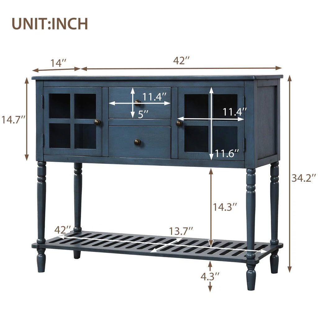 Antique Navy Console Table with Cabinet and Bottom Shelf Y625212
