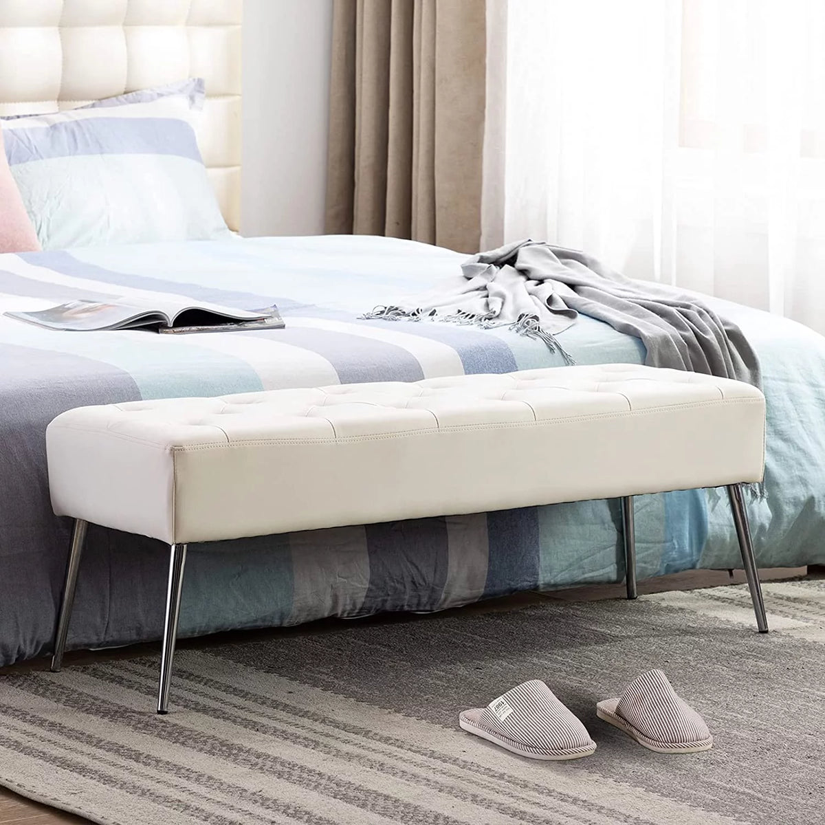White Tufted Upholstered Bench A3838