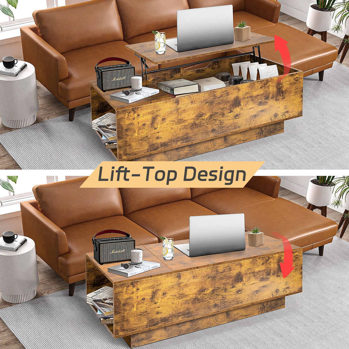 47" Dark Brown Wood Lift Top Coffee Table with Hidden Compartment B953871
