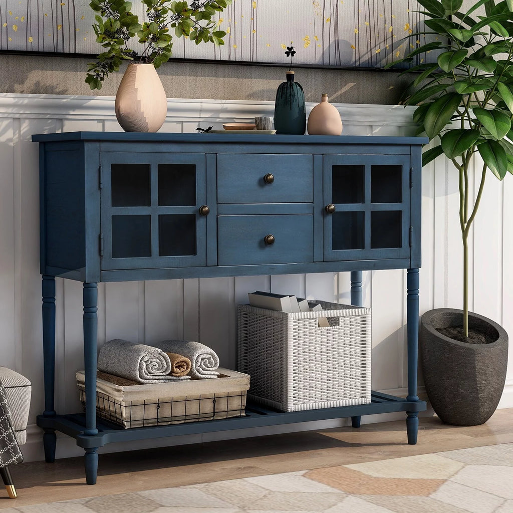 Antique Navy Console Table with Cabinet and Bottom Shelf Y625212