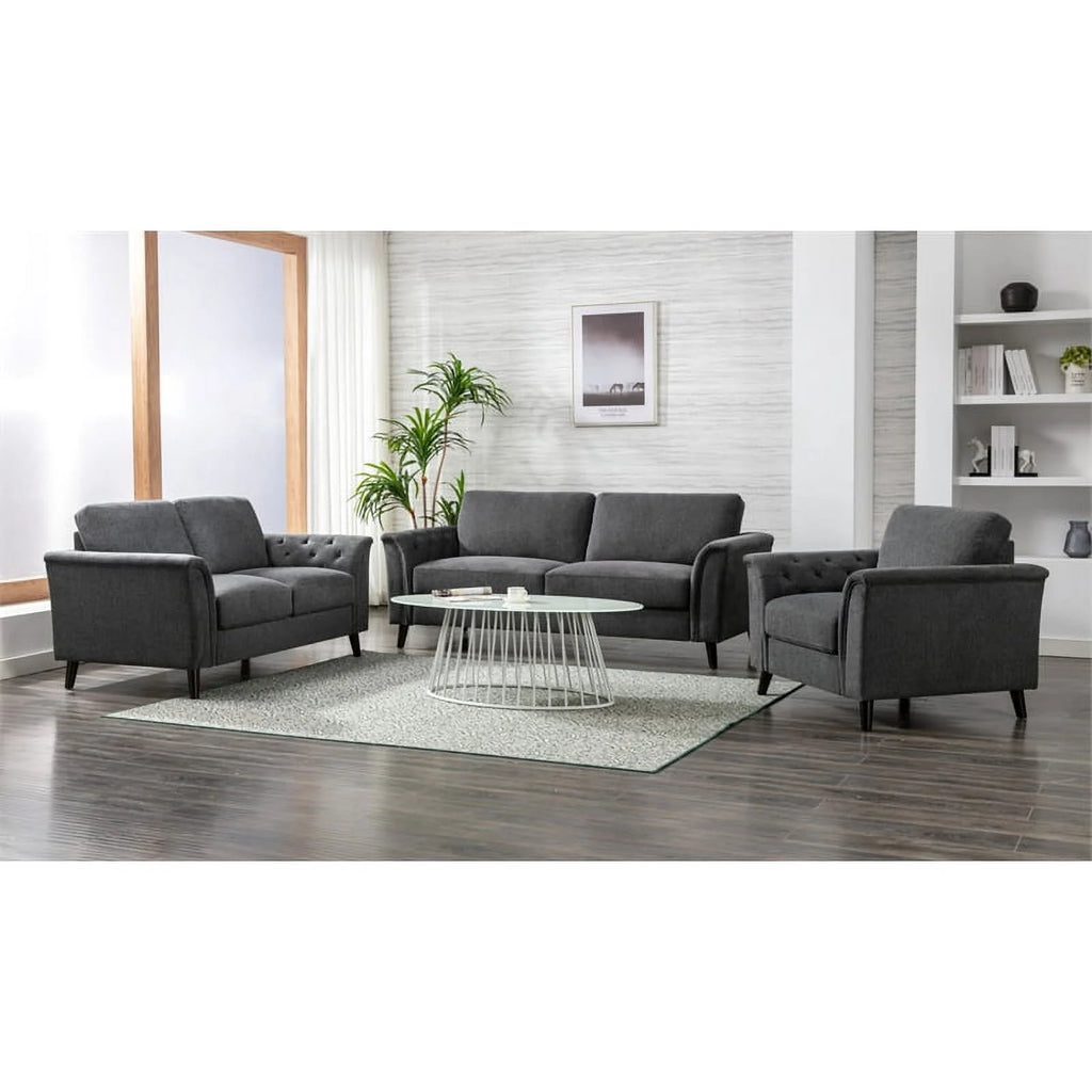 3-Piece Linen Fabric Sofa Set with Tufted Arms in Dark Gray A133418