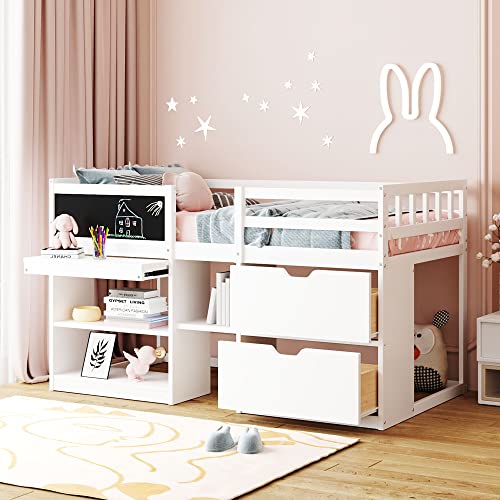 White Full Size Wood Loft Bed with Slide and Drawer Storage T708