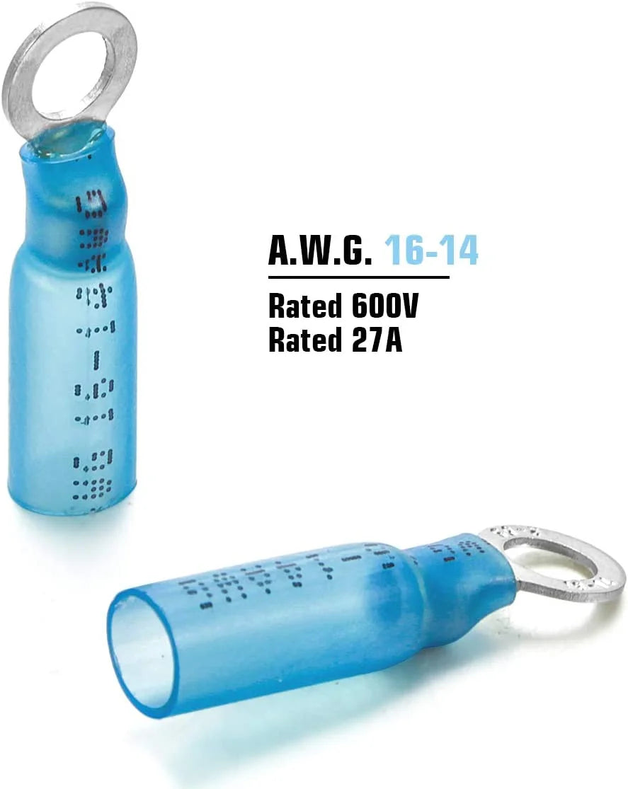 150PCS Heat Shrink Crimp Ring Connectors #10 Blue 16-14 AWG Q72818