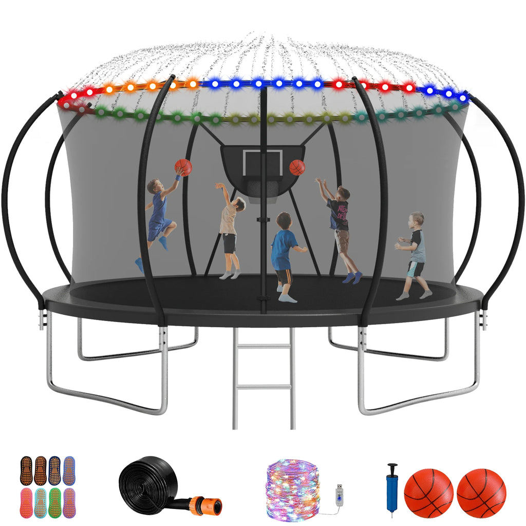 12FT 14FT Trampoline with Enclosure, Basketball Hoop, LED Light and Sprinkler L67613
