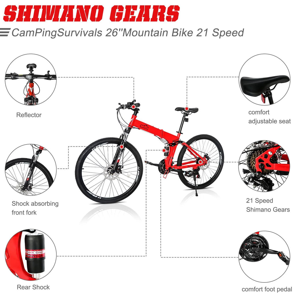 Folding Mountain Bike 21-Speed 26 inch Wheels Red O47706