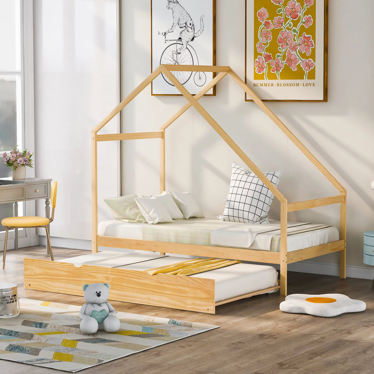 Twin Size Wooden House Bed with Trundle F607