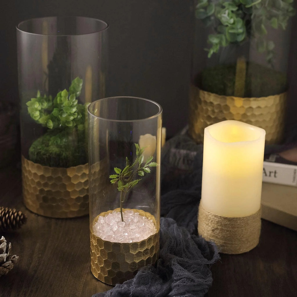 Set of 3 Glass Cylinder Vases with Gold Honeycomb Base W42653