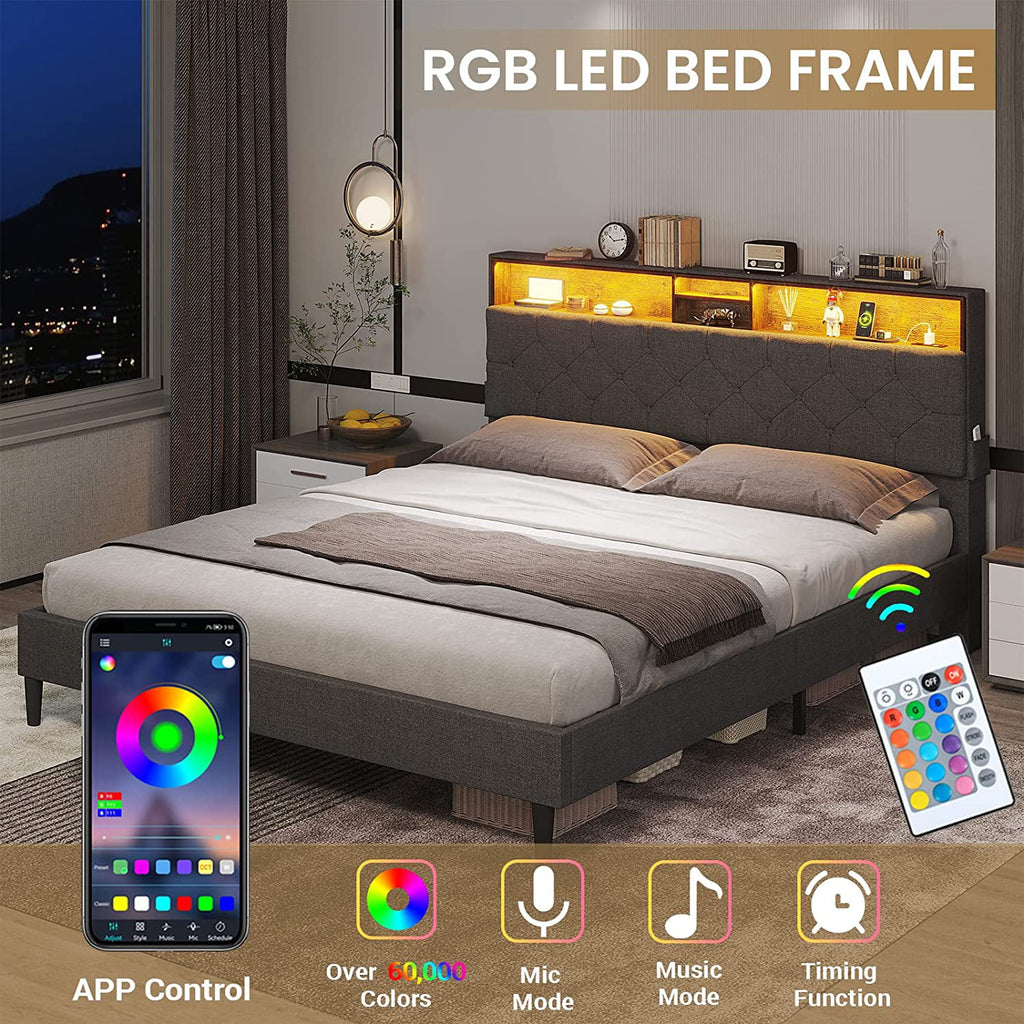 Full Size Platform Bed Frame with LED Headboard, Outlets and USB Ports, Dark Grey E154