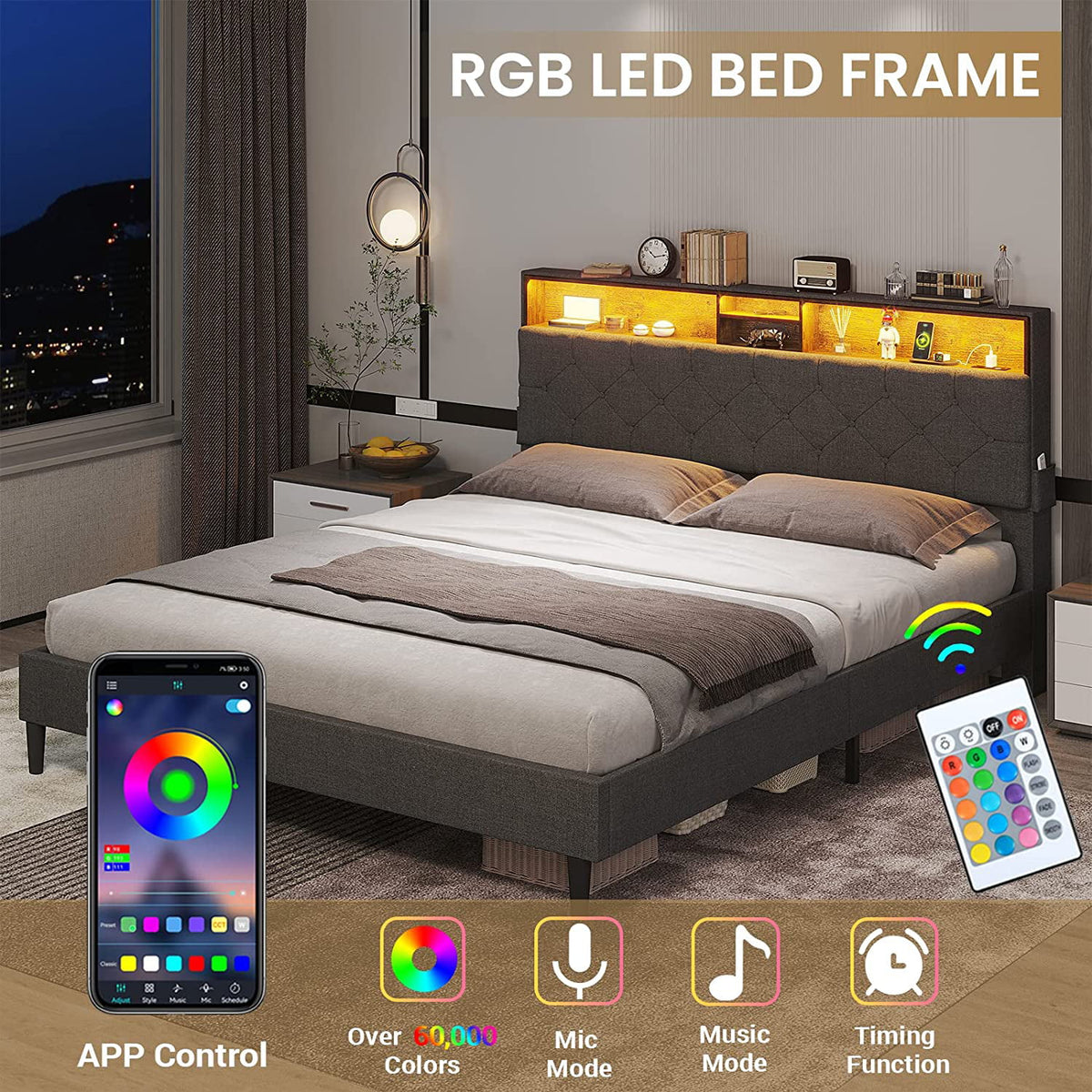 Full Size Platform Bed Frame with LED Headboard, Outlets and USB Ports, Dark Grey E154
