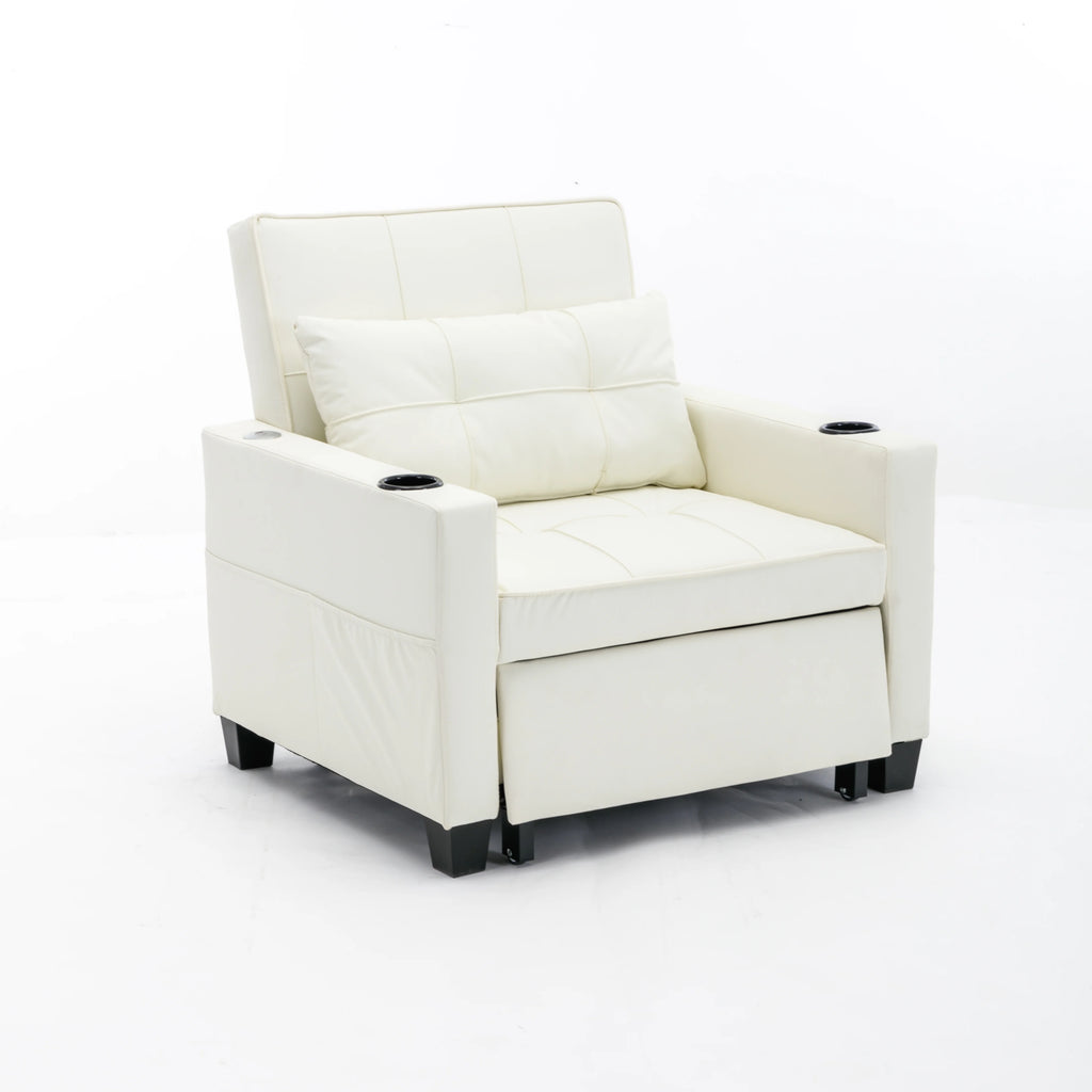 White Leather 3-In-1 Convertible Sleeper Chair Bed with USB Ports E97273