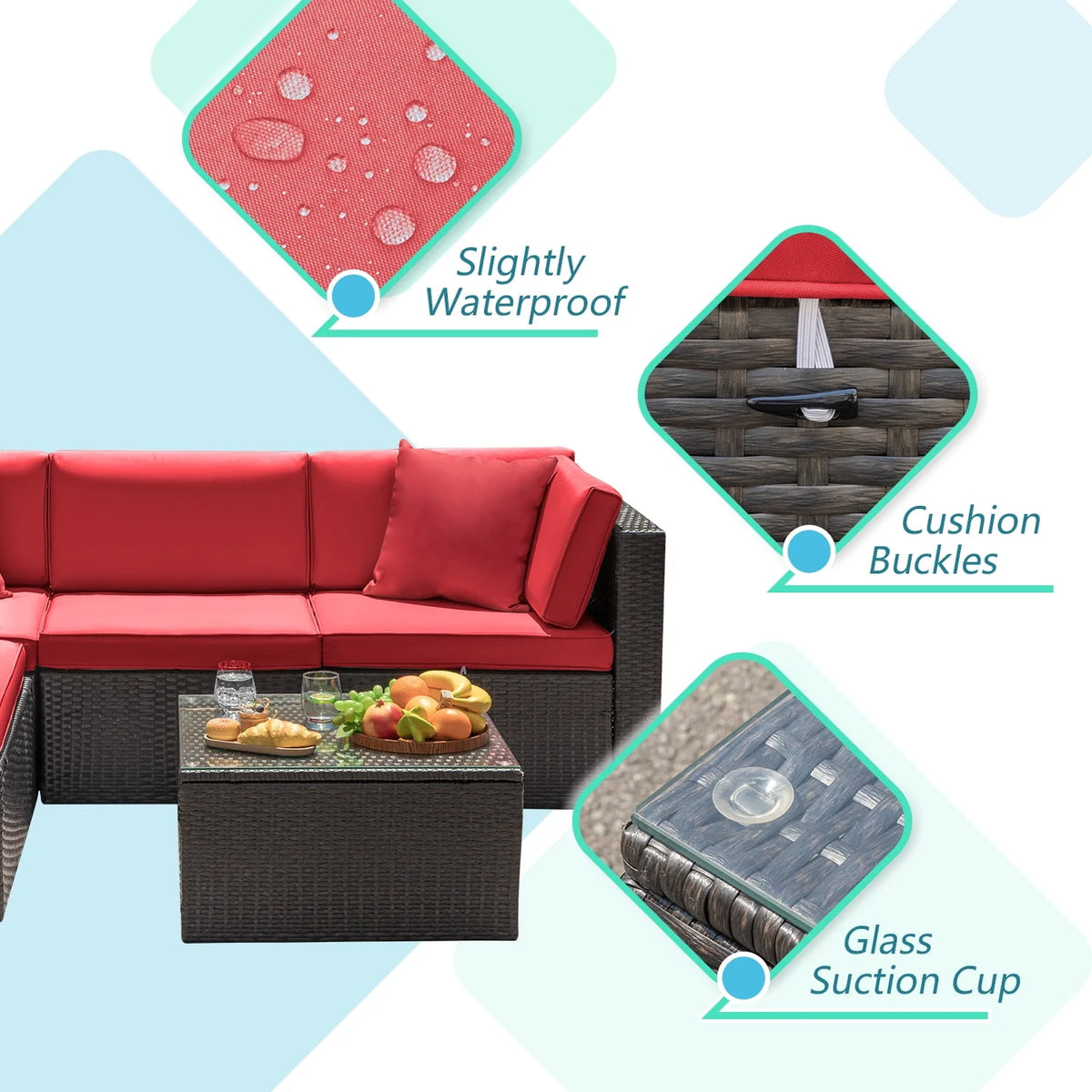 5 Pieces PE Rattan Wicker Patio Sectional Set with Table N20693