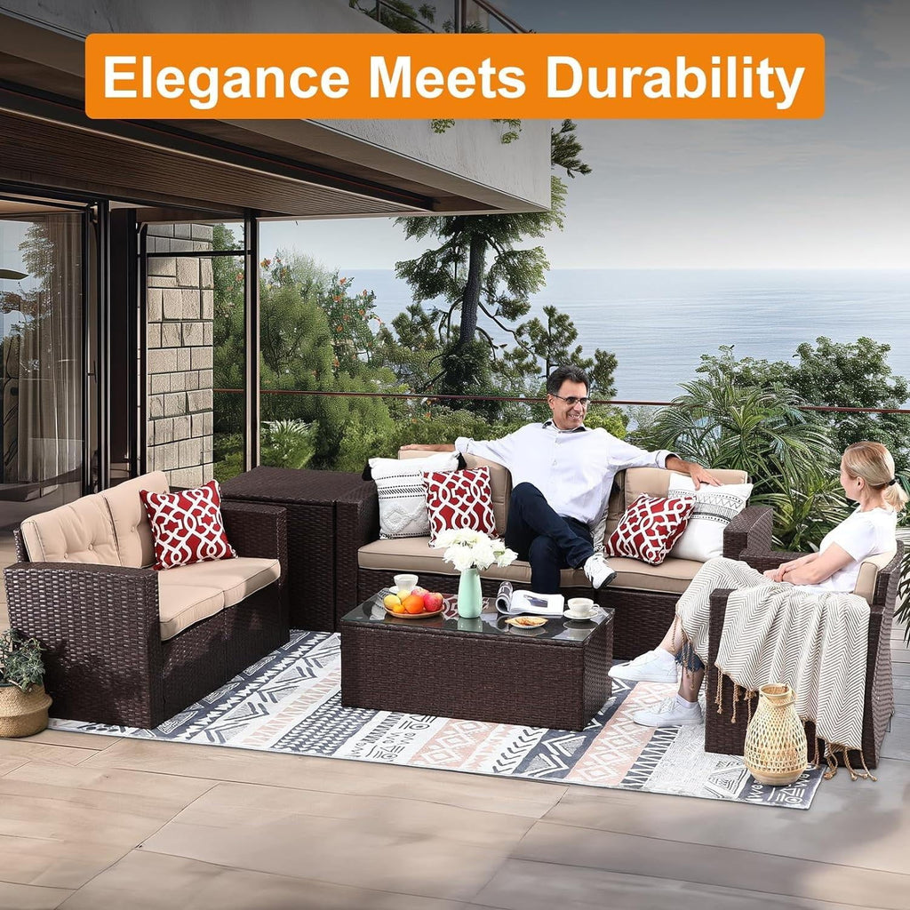 8 Pc Wicker Rattan Outdoor Furniture Set with Storage Box J65511