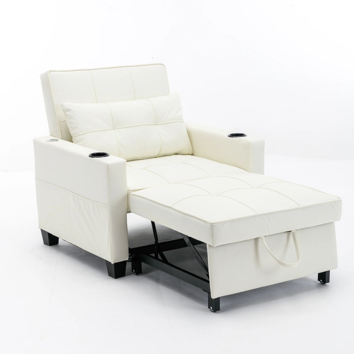 White Leather 3-In-1 Convertible Sleeper Chair Bed with USB Ports E97273