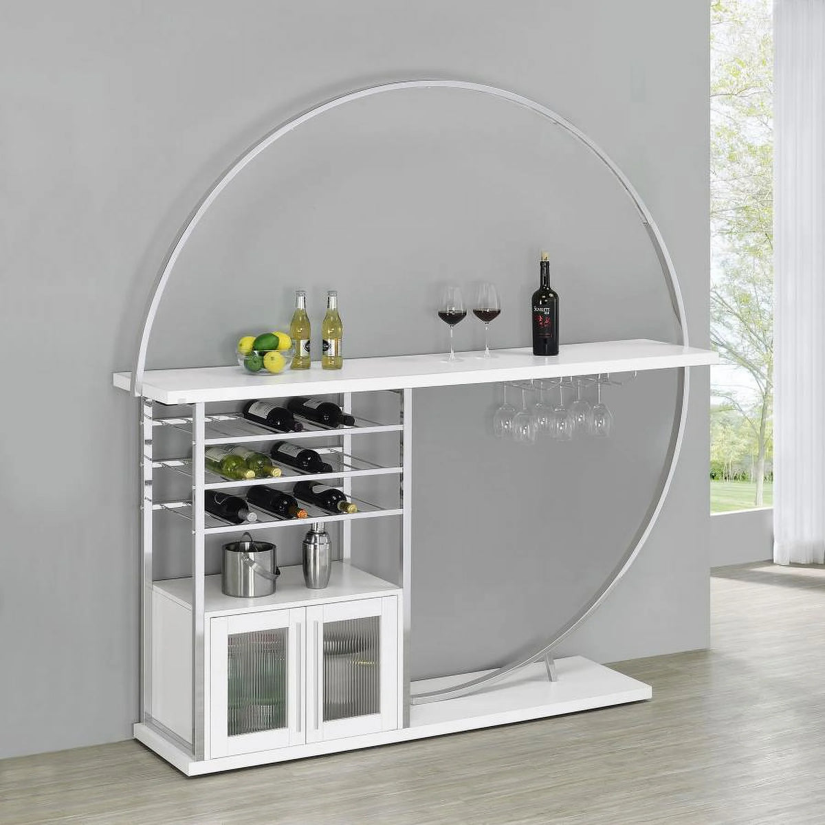 2-door Circular LED Home Bar with Wine Storage White High Gloss C2903