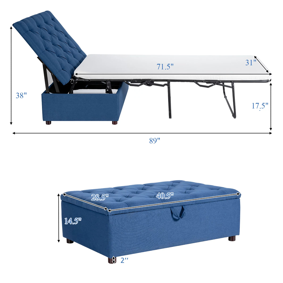 Folding Ottoman Sleeper Bed with Mattress Grey W62057