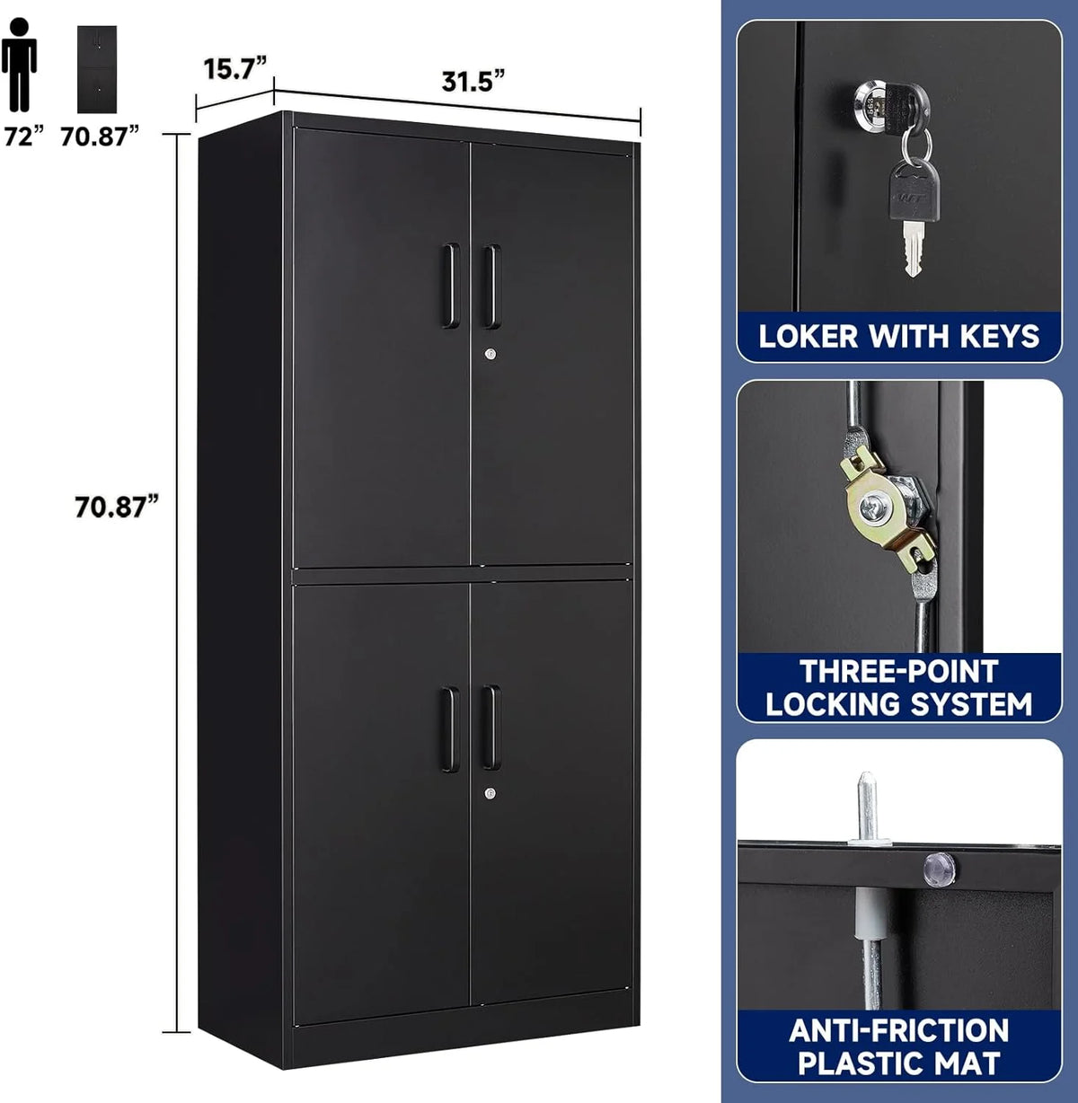 Black Metal Locking Storage Cabinet with 4 Doors and 2 Adjustable Shelves Q6804