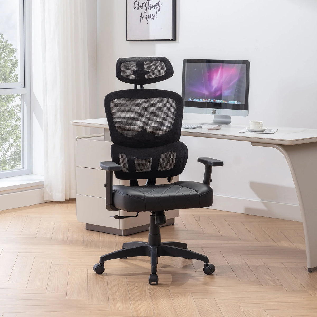 Black Ergonomic Mesh Office Chair with Footrest F865798