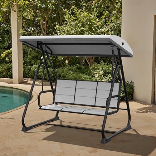 3-Person Outdoor Porch Swing with Adjustable Canopy, Charcoal Black I5878