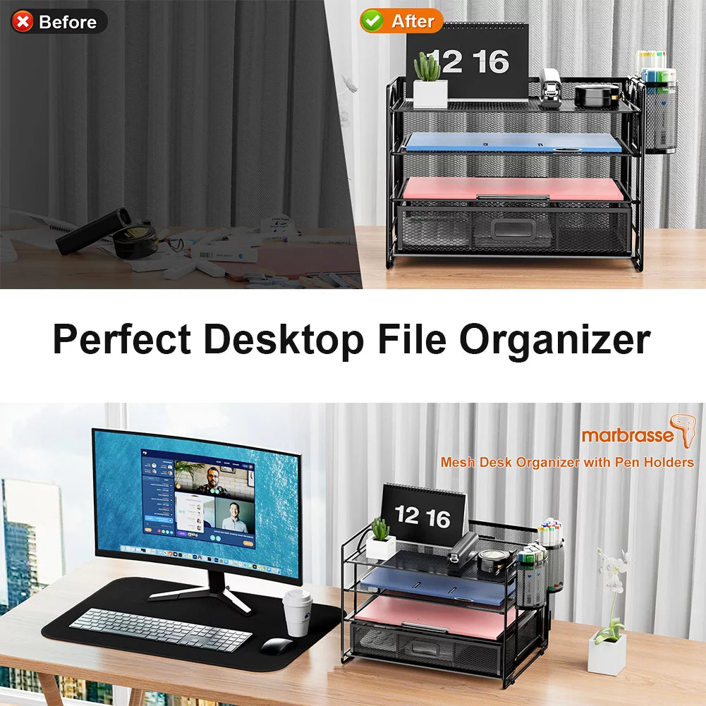 Black 4-Trays Mesh Desktop File Organizer with Drawer and Pen Holder T2759