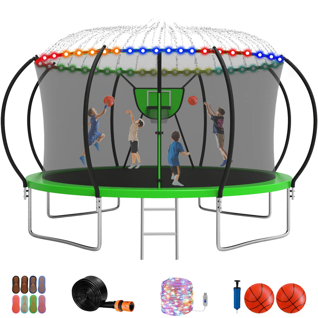 12FT 14FT Trampoline with Enclosure, Basketball Hoop, LED Light and Sprinkler L67613