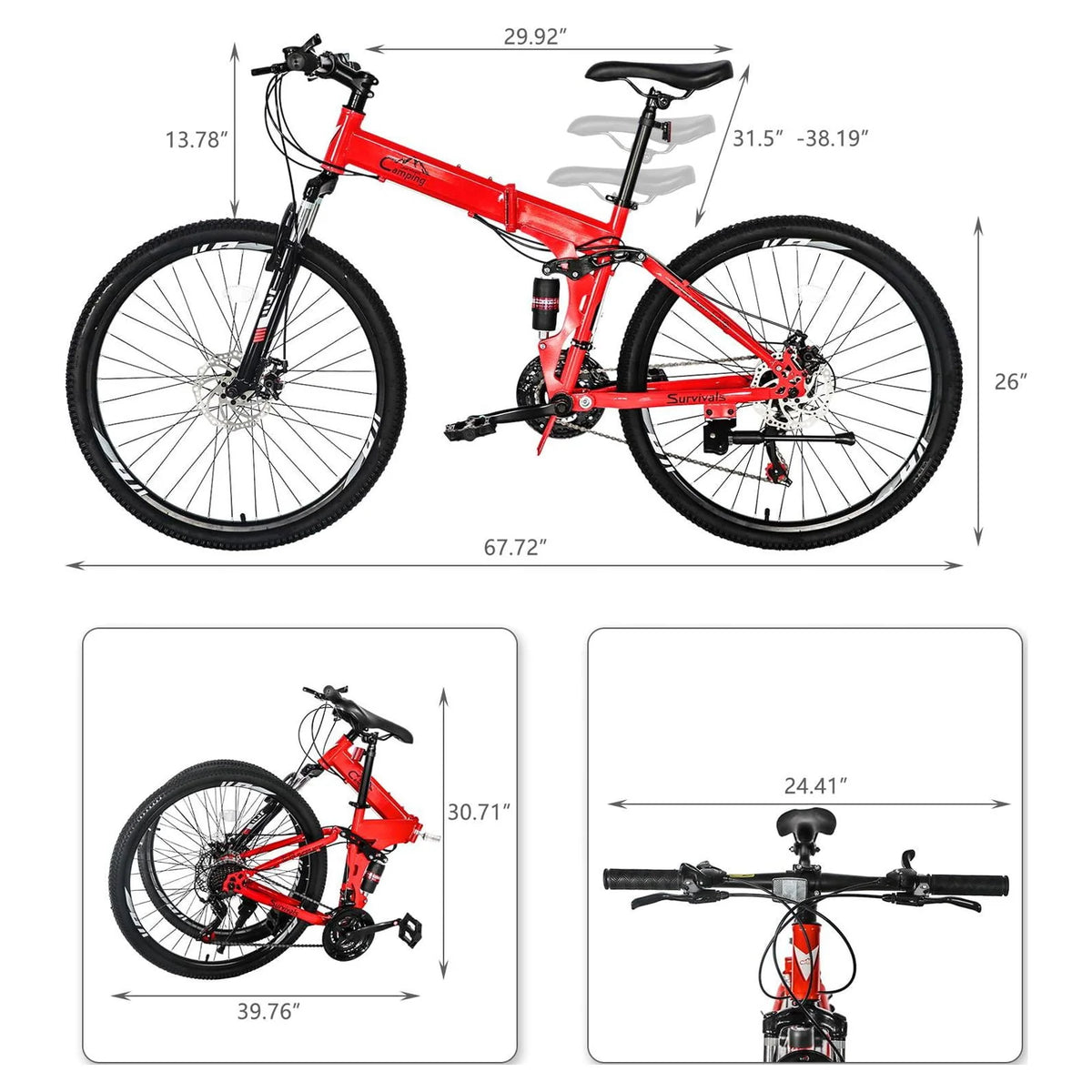 Folding Mountain Bike 21-Speed 26 inch Wheels Red O47706