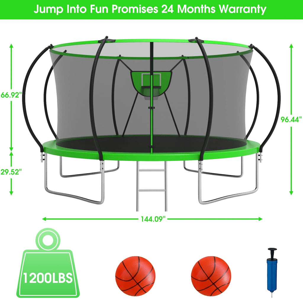 12FT 14FT Trampoline with Enclosure, Basketball Hoop, LED Light and Sprinkler L67613