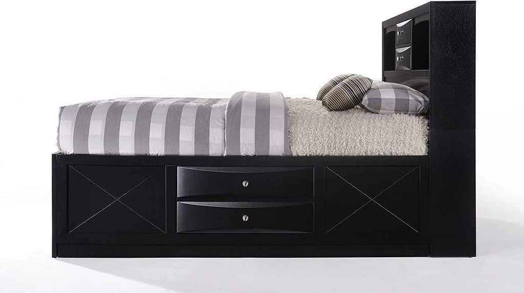 Queen Size Bed with Storage and Headboard Bookcase in Black A401512