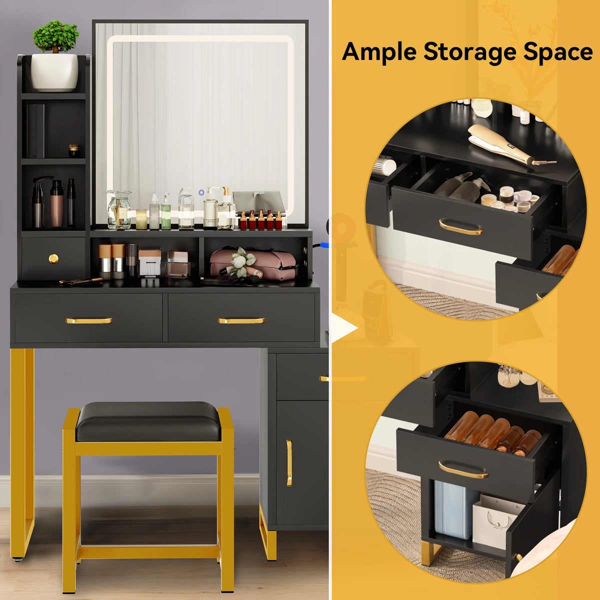 Black Makeup Vanity with Mirror, Lights and Drawers O128800