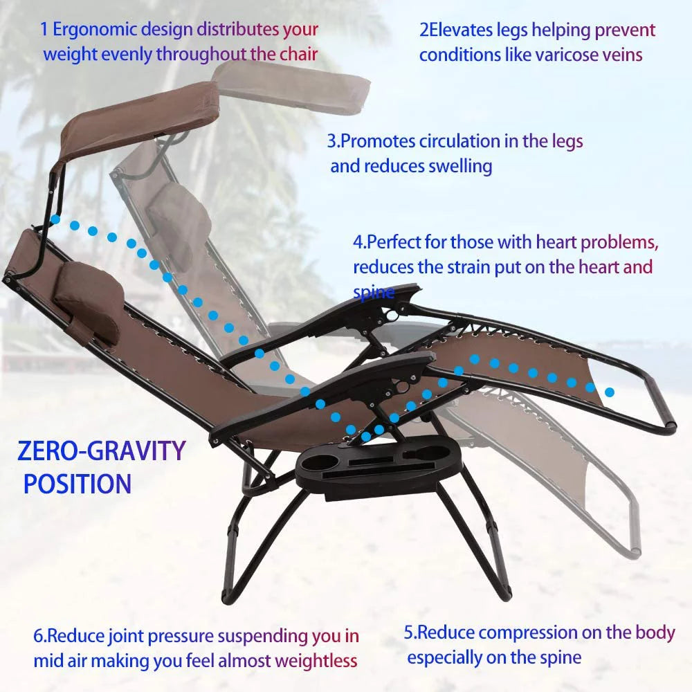 Zero Gravity Chair Set of 2 Folding Recliner with Canopy and Cup Holder Brown B788