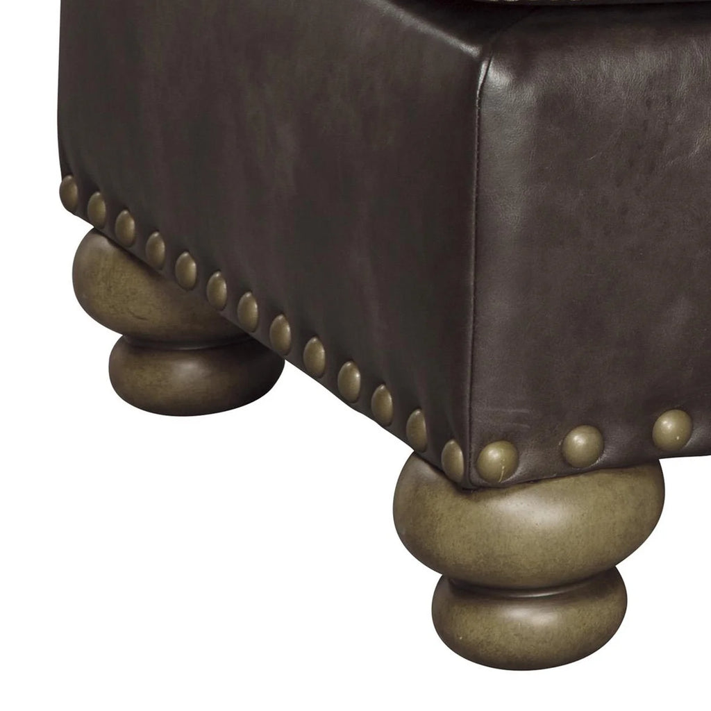 Brown Wooden Ottoman with Nailhead Trims and Bun Feet C42580